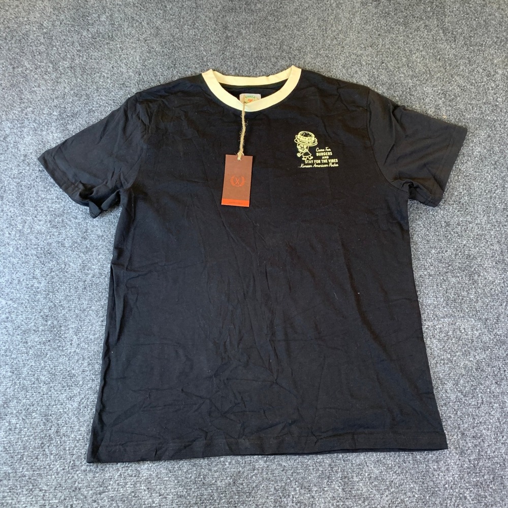 NOWON Ringer Graphic Tee Mens M Black New Organic Cotton Korean American Pocha
